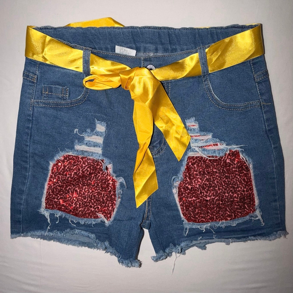 Girls L Distressed Sequin Denim Shorts Yellow Ribbon Belt Adjustable Waist Bling - Picture 1 of 6